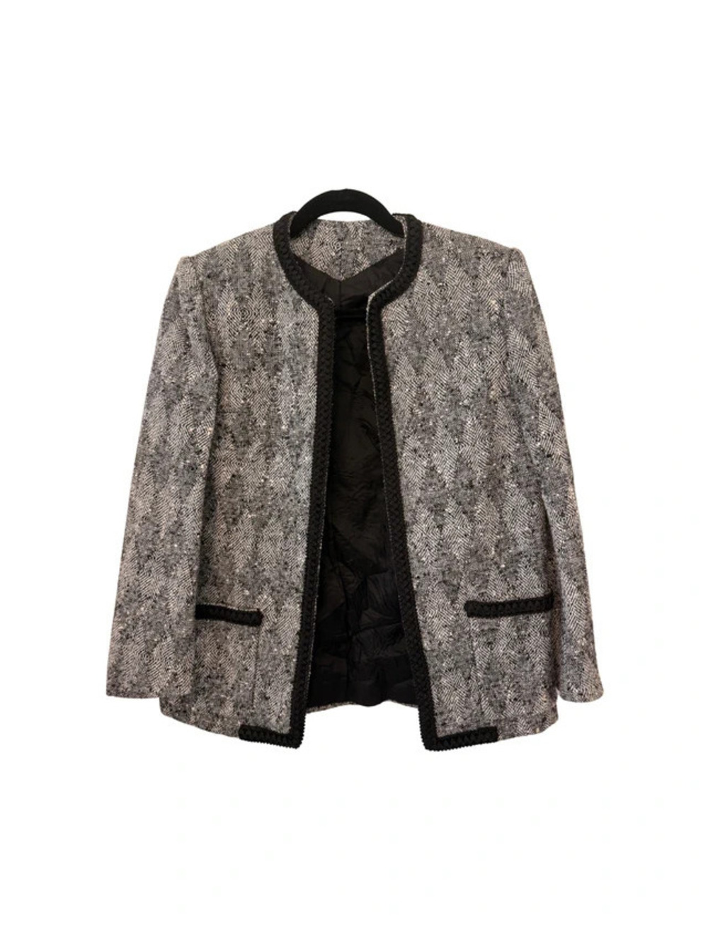 Vintage Collarless Tweed Jacket Salt & Pepper with Braid Trim